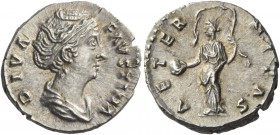 Faustina I, wife of Antoninus Pius. Diva Faustina. Denarius after 141, AR 3.26 g. DIVA – FAVSTINA Draped bust r., hair waved and coiled on top of head...