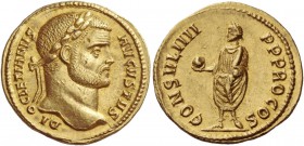 Diocletian, 284 – 305. Aureus, Cyzicus 290, AV 5.41 g. DI – OCLETIANVS – AVGVSTVS Laureate head r. Rev. CONSVL IIII – P P PRO COS Emperor togate, stan...