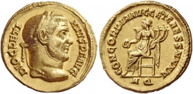 Diocletian, 284 – 305. Aureus, Aquileia 294-303, AV 5.28 g. DIOCLETI – ANVS P F AVG Laureate head r. Rev. CONCORDIA AVGG ET CAESS NNNN Concordia seate...