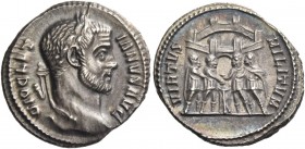 Diocletian, 284 – 305. Argenteus circa 294, AR 3.28 g. DIOCLET – IANVS AVG Laureate head r. Rev. VIRTVS – MILITVM The four princes sacrificing over tr...