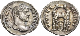 Diocletian, 284 – 305. Argenteus, Ticinum circa 294, AR 2.96 g. DIOCLETI – ANVS AVG Laureate head r. VIRTVS – MILITVM The four princes sacrificing ove...