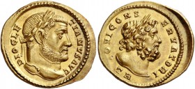 Diocletian, 284 – 305. Aureus, Treviri 302, AV 5.21 g. DIOCLE – TIANVS AVG Laureate head r. Rev. IOVI CONS – ERVATORI Laureate bust of Jupiter r.; ben...
