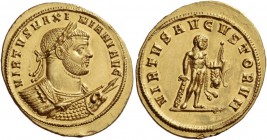 Maximian Herculius first reign, 286 – 305. Aureus, Siscia 286, AV 5.89 g. VIRTVS MAXI – MIANI AVG Laureate and cuirassed bust r., holding a spear in h...