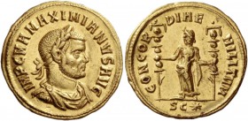 Maximian Herculius first reign, 286 – 305. Aureus, Cyzicus 286-287, AV 5.35 g. IMP C M A MAXIMIANVS AVG Laureate, draped and cuirassed bust r. Rev. CO...