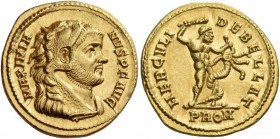 Maximian Herculius first reign, 286 – 305. Aureus 294, AV 5.43 g. MAXIMIA – NVS P F AVG Head r., wearing lion’s skin headdress. Rev. HERCVLI – DEBELLA...