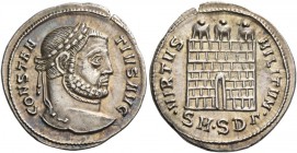 Constantius Chlorus augustus, 305 – 306. Argenteus, Serdica 305-306, AR 3.34 g. CONSTAN – TIVS AVG Laureate head r. Rev. VIRTVS – MILITVM Three-turret...