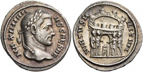 Galerius caesar, 293 – 305. Argenteus, Siscia circa 294-295, AR 3.75 g. MAXIMIAN – VS CAESAR Laureate head r. Rev. VIRTVS – MILITVM The four princes s...