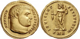 Galerius augustus, 305 – 311. Aureus, Nicomedia 305-306, AV 5.43 g. MAXIMIA – NVS AVGVSTVS Laureate head r. Rev. IOVI CONS – ERVATORI NK (ligate) Jupi...