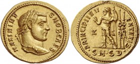 Maximinus II Daia caesar, 305 – 308. Aureus, Serdica 305-306, AV 5.28 g. MAXIMINV – S NOB CAES Laureate head r. Rev. PRINCIPI IVV – ENTVTIS Prince sta...