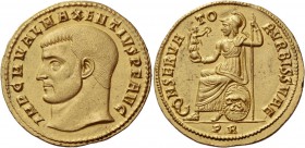 Maxentius, 307 – 312. Quaternio circa 308, AV 21.41 g. IMP C M VAL MAXENTIVS P F AVG Bare head l. Rev. Roma, holding Victory on globe and sceptre, sea...