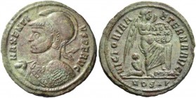 Maxentius, 307 – 312. Reduced follis, Ostia beginning 310-end 312, Æ 2.91 g. MAXENTI – VS P F AVG Helmeted and cuirassed bust l., holding spear and sh...