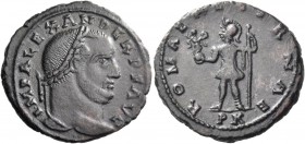 Alexander, 308 – 310. Follis, Carthago 308-309, Æ 5.46 g. IMP ALEXANDER P F AVG Laureate head r. Rev. ROMAE AETERNAE Roma standing l., holding Victory...