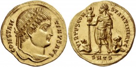 Constantine I, 307 – 337. Solidus, Thessalonica 326, AV 4.59 g. CONSTAN – TINVS AVG Laureate head r. Rev. VIRTVS CON – STANTINI AVG The Emperor, in mi...