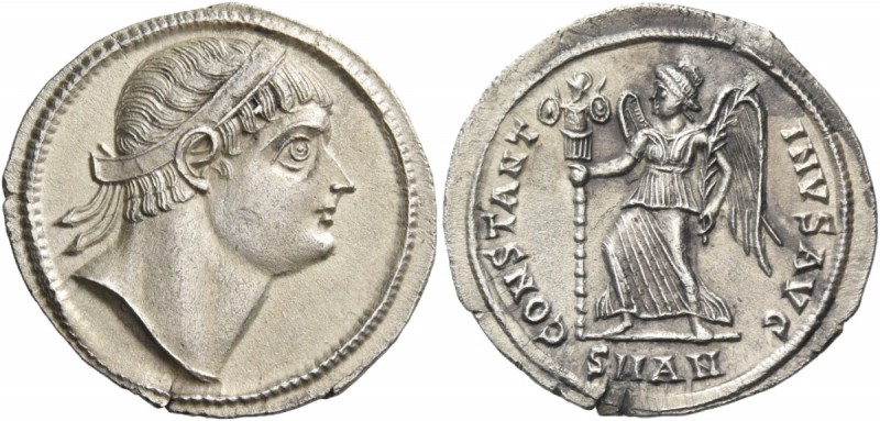 Constantine I, 307 – 337. Siliqua, Antiochia 329, AR 2.98 g. Diademed head r. Re...