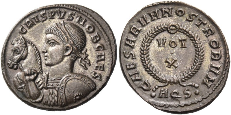 Crispus caesar, 317 – 326. Reduced follis, Aquileia 321, Æ 2.91 g. CRISPVS NOB C...