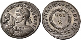 Crispus caesar, 317 – 326. Reduced follis, Aquileia 321, Æ 2.91 g. CRISPVS NOB CAES Laureate and cuirassed bust l., shield on l. arm, holding horse by...