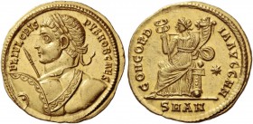 Crispus caesar, 317 – 326. Solidus, Antiochia 324-325, AV 4.46 g. FL IVL CRIS – PVS NOB CAES Laureate and nude bust l., seen from behind, shield on l....