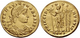 Delmatius caesar, 335 – 337. Solidus, Constantinopolis 336–337, AV 4.54 g. FL DELMATIVS NOB CAES Laureate, draped and cuirassed bust r. Rev. PRINCIPI ...