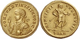 Constantine II caesar, 316 – 337. Solidus, Antiochia 324, AV 4.47 g. CONSTANTINVS IVN NOB C Laureate, draped and cuirassed half-bust l., raising r. ha...