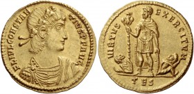 Constantius II augustus, 337 – 361. Solidus, Thessalonica 337-340, AV 4.49 g. FL IVL CONSTAN – TIVS P F AVG Laurel and rosette-diademed, draped and cu...