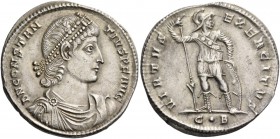 Constantius II augustus, 337 – 361. Light miliarense, Constantinopolis 351-355, AR 4.32 g. D N CONSTAN – TIVS P F AVG Pearl-diademed, draped and cuira...