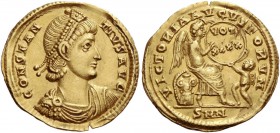 Constantius II augustus, 337 – 361. Semissis, Nicomedia 355-361, AV 2.16 g. CONSTAN – TIVS AVG Pearl-diademed, draped and cuirassed bust r. Rev. VICTO...
