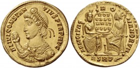 Constantius II augustus, 337 – 361. Solidus 357, AV 4.47 g. FL IVL CONSTAN – TIVS PERP AVG Pearl-diademed and cuirassed bust l., wearing consular robe...