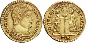 Magnentius, 350 – 353. Solidus, Treveri January-February 350, AV 4.12 g. IM CAE MAGN – ENTIVS AVG Bareheaded, draped and cuirassed bust r. Rev. VICTOR...
