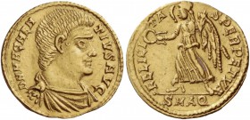 Magnentius, 350 – 353. 9 siliquae, Aquileia 351, AV 1.56 g. D N MAGNEN – TIVS AVG Bareheaded, draped and cuirassed bust r. Rev. FELICI – TA – S PERPET...