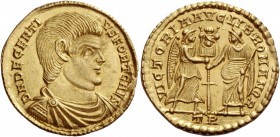 Decentius caesar, 351 – 353. Solidus, Treveri 353, AV 4.56 g. D N DECENTI – VS FORT CAES Bareheaded, draped and cuirassed bust r. Rev. VICTORIA’ AVG’ ...