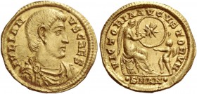 Julian II caesar, 355 – 360. 9 Siliquae, Antiochia 355-361, AV 1.66 g. IVLIAN – VS CAES Bareheaded, draped and cuirassed bust r. Rev. VICTORIA AVGVSTO...