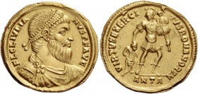 Julian II augustus, 360 – 363. Solidus, Antiochia 361-363, AV 4.46 g. FL CL IVLIA – NVS P F AVG Pearl-diademed, draped and cuirassed bust r., with lon...