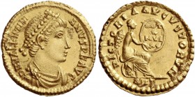 Valentinian I, 364 – 375. 1 1/2 scripula, Antiochia circa 364-367, AV 1.68 g. D N VALENTINI – ANVS P F AVG Pearl-diademed, draped and cuirassed bust r...