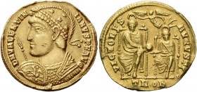 Valentinian I, 364 – 375. Solidus, Treveri 370, AV 4.42 g. D N VALENTIN – IANVS P F AVG Helmeted and cuirassed bust l., holding spear and shield on wh...