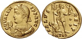 Valens, 364 – 378. Solidus, Thessalonica 364-367, AV 4.48 g. D N VALEN – S P F AVG Pearl diademed bust l., wearing imperial mantle and holding mappa a...