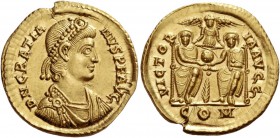 Gratian, 367 – 383. Solidus, Thessalonica 378-383, AV 4.49 g. D N GRATIA – NVS P F AVG Pearl-diademed, draped and cuirassed bust r. Rev. VICTOR - IA A...