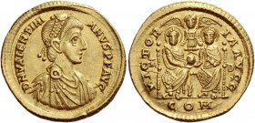 Valentinian II, 375 – 392. Solidus, Lugdunum 383-388, AV 4.43 g. D N VALENTINI – ANVS P F AVG Pearl-diademed, draped and cuirassed bust r. Rev. VICTOR...