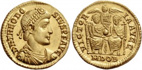 Theodosius I, 379 – 395. Solidus, Mediolanum 379, AV 4.46 g. D N THEODO – SIVS P F AVG Pearl-diademed, draped and cuirassed bust r. Rev. VICTORI – IA ...
