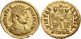 Theodosius I, 379 – 395. Solidus, Sirmium 379-383, AV 4.45 g. D N THEODO – SIVS P F AVG Pearl-diademed, draped and cuirassed bust r. Rev. VICTOR - IA ...