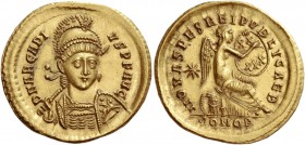 Arcadius, 383 – 408. Solidus, Constantinopolis 402-403, AV 4.49 g. D N ARCADI – VS P F AVG Helmeted, pearl-diademed and cuirassed bust facing three-qu...