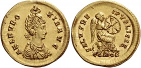 Aelia Eudoxia, wife of Arcadius. Solidus, Constantinopolis 402-circa 403, AV 4.47 g. AEL EVDO – XIA AVG Pearl-diademed and draped bust r., crowned by ...