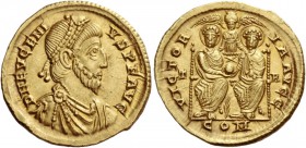 Eugenius, 392 – 394. Solidus, Treveri 392–394, AV 4.46 g. D N EVGENI – VS P F AVG Pearl-diademed, draped and cuirassed bust r. Rev. VICTOR – IA AVGG T...