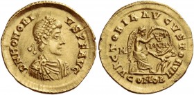 Honorius, 393 – 423. Semissis, Mediolanum 395-402, AV 2.23 g. D N HONORI – VS P F AVG Pearl-diademed, draped and cuirassed bust r. Rev. VICTORIA AVGVS...
