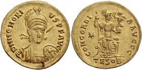 Honorius, 393 – 423. Solidus, Thessalonica 408-420, AV 4.35 g. D N HONORI – VS P F AVG Helmeted, pearl-diademed and cuirassed bust facing three-quarte...