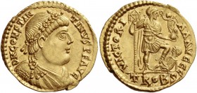 Constantine III, 407 – 411. Solidus, Treveri 408-411, AV 4.47 g. D N CONSTAN – TINVS P F AVG Rosette-diademed, draped and cuirassed bust r. Rev. VICTO...