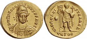 Theodosius II, 408 – 450. Solidus, Thessalonica 424-425, perhaps to 430, AV 4.40 g. D N THEODO – SIVS P F AVG Helmeted, pearl-diademed and cuirassed b...
