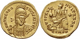 Theodosius II, 408 – 450. Solidus, Constantinopolis 430-440, AV 4.47 g. D N THEODO – SIVS P F AVG Helmeted, pearl-diademed and cuirassed bust facing t...