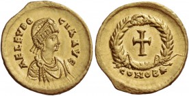 Aelia Eudocia, wife of Theodosius II. Tremissis, Constantinopolis 423, AV 1.49 g. AEL EVDO – CIA AVG Pearl-diademed and draped bust r. Rev. Cross with...