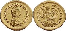 Pulcheria, daughter of Arcadius and sister of Theodosius II. Solidus, Constantinopolis 414, AV 4.50 g AEL PVLCH – ERIA AVG Pearl-diademed and draped b...