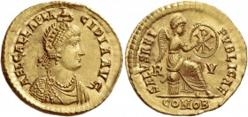 Galla Placidia, wife of Constantius III. Solidus, Ravenna 422, AV 4.42 g. AEL GALLA PLA – CIDIA AVG Pearl-diademed and draped bust r., crowned by the ...